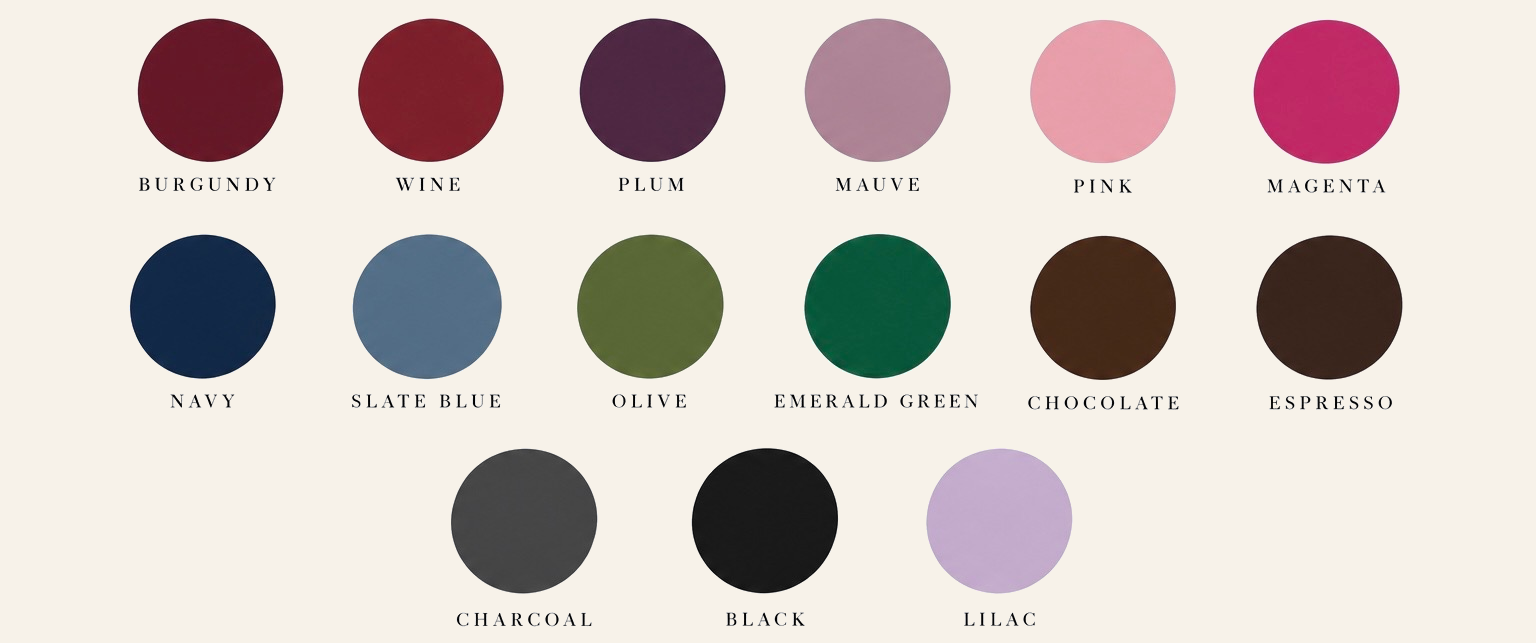 Wedding color palette: burgundy, wine, plum, mauve, pink, magenta, navy, slate blue, olive, emerald green, chocolate, espresso, charcoal, black, and lilac.